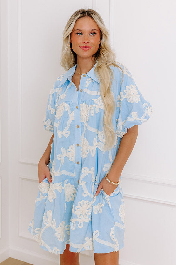 Floral Statement Embroidered Mini Dress in Sky Blue