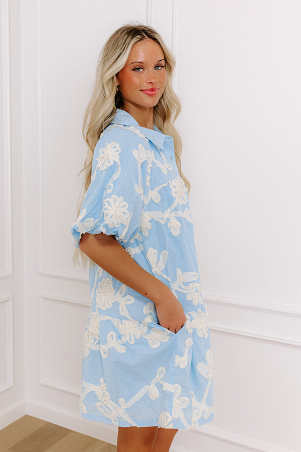 Floral Statement Embroidered Mini Dress in Sky Blue