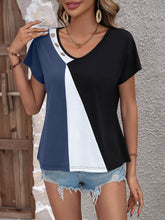 Load image into Gallery viewer, Color Block Decorative Button V-Neck Tee
